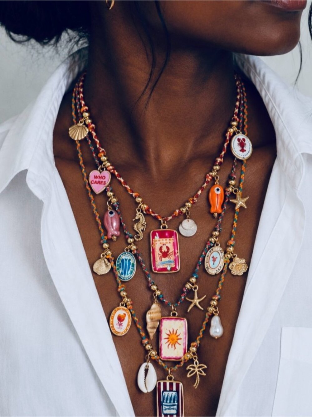 New! Coastal Colorful Crab Sardine Fish Sun Charm Necklace Stack Set NWOT 5013